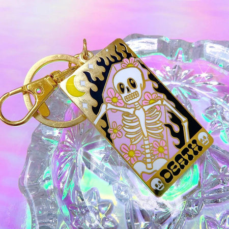 Bobby Pins Co. Keychain - Death Tarot Card featuring a colorful skeleton and floral design.