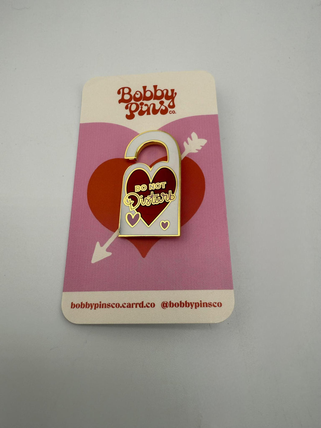 Bobby Pins Co. Enamel Pin - Do Not Disturb on decorative card featuring a heart design.
