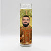 Bobbyk Saint Candles featuring a parody design with a popular music icon on a tall white prayer candle