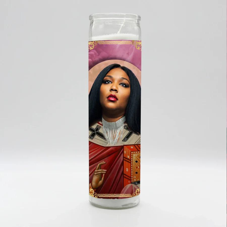 Bobbyk Saint Candles featuring a modern saint design with a female figure and vibrant colors, perfect for home decor.