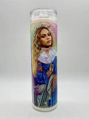 Bobbyk Saint Candles featuring a stylish figure with vibrant artwork in a tall prayer candle design.