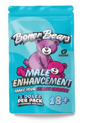Boner Bear Gummies package featuring two cartoon bears promoting male enhancement, vegan-friendly, 3 doses per pack.