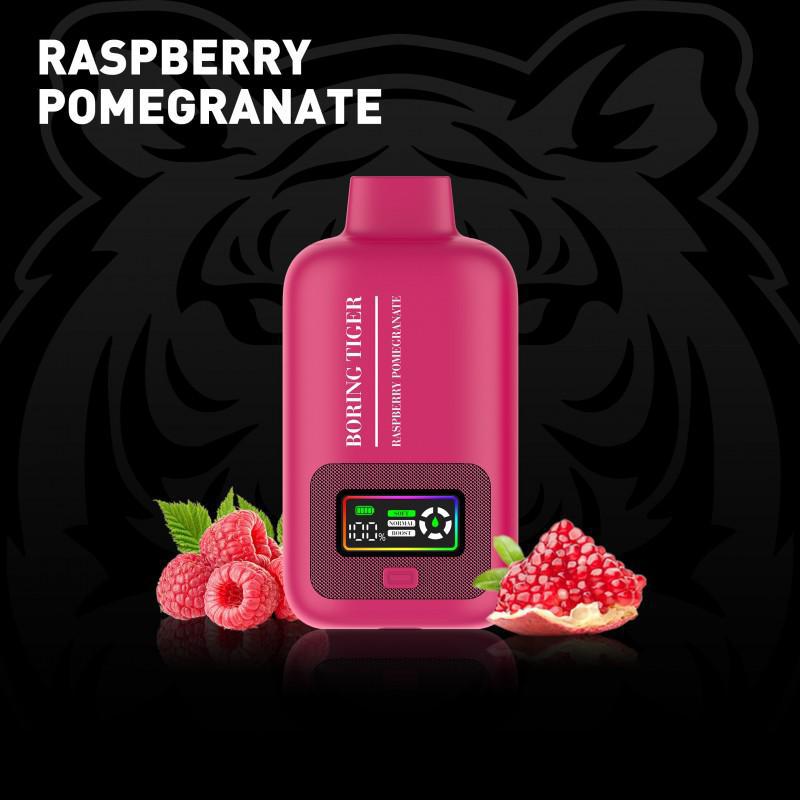 Boring Tiger 25000 Disposable Vape in Raspberry Pomegranate flavor with fruit illustrations.