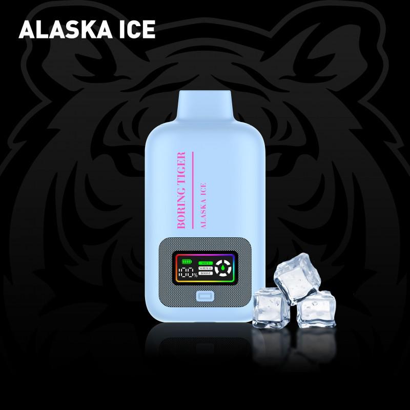 Boring Tiger 25000 Disposable Vape Alaska Ice flavor with ice cubes and dual screen display.