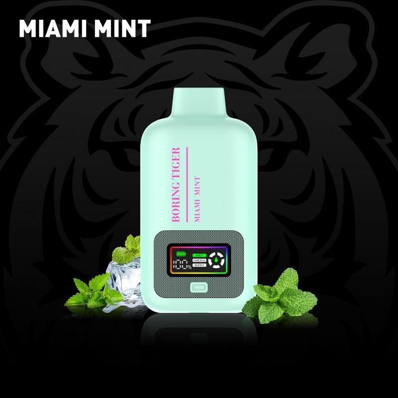 Boring Tiger 25000 Disposable Vape Miami Mint flavor with mint leaves and ice against a bold tiger backdrop.