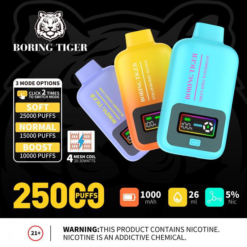 Boring Tiger 25000 Disposable Vape showcasing colorful options and features like 25000 puffs and 5% nicotine.