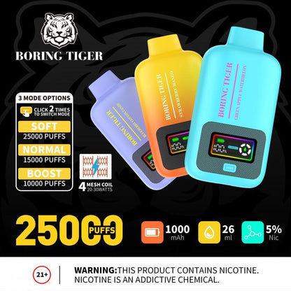 Boring Tiger 25000 Disposable Vape showcasing colorful options and features like 25000 puffs and 5% nicotine.