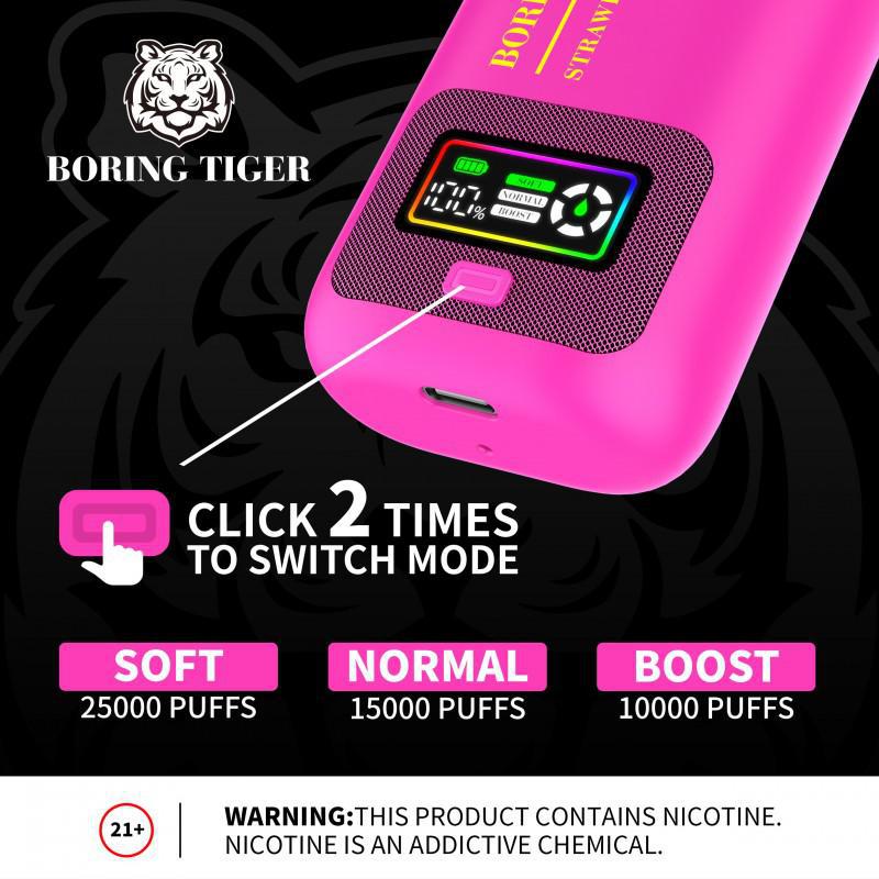 Boring Tiger 25000 Disposable Vape detail with mode switch options for different puff settings.