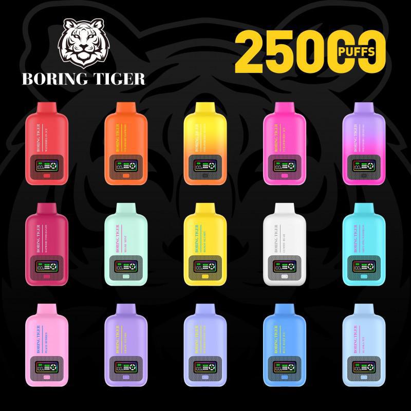 Boring Tiger 25000 disposable vapes in various colors, showcasing dual screen design and 2500 puffs each.