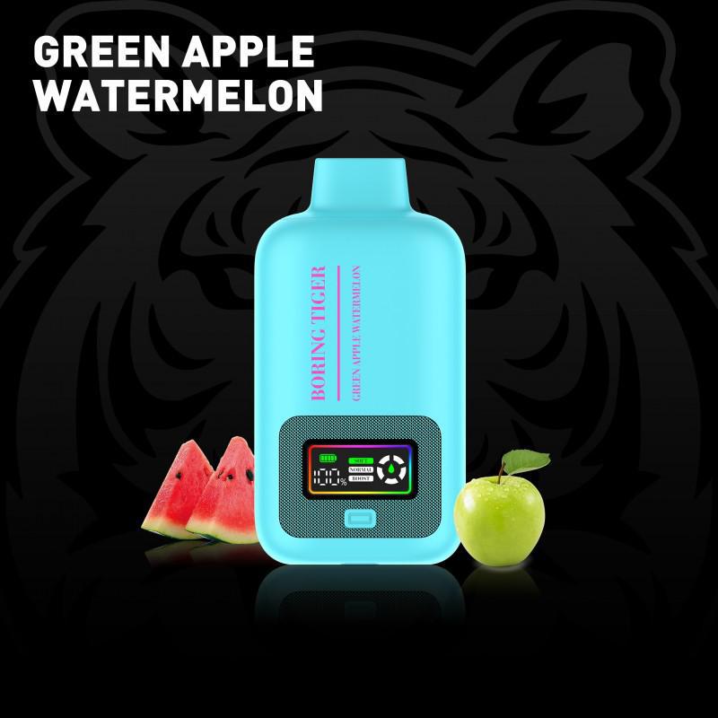 Boring Tiger 25000 Disposable Vape featuring Green Apple Watermelon flavor with a bold backdrop.