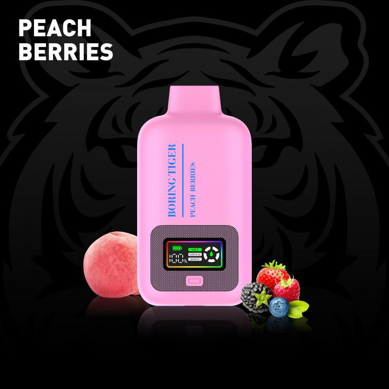 Boring Tiger 25000 Disposable Vape in Peach Berries flavor with fruit background and dual screen display.