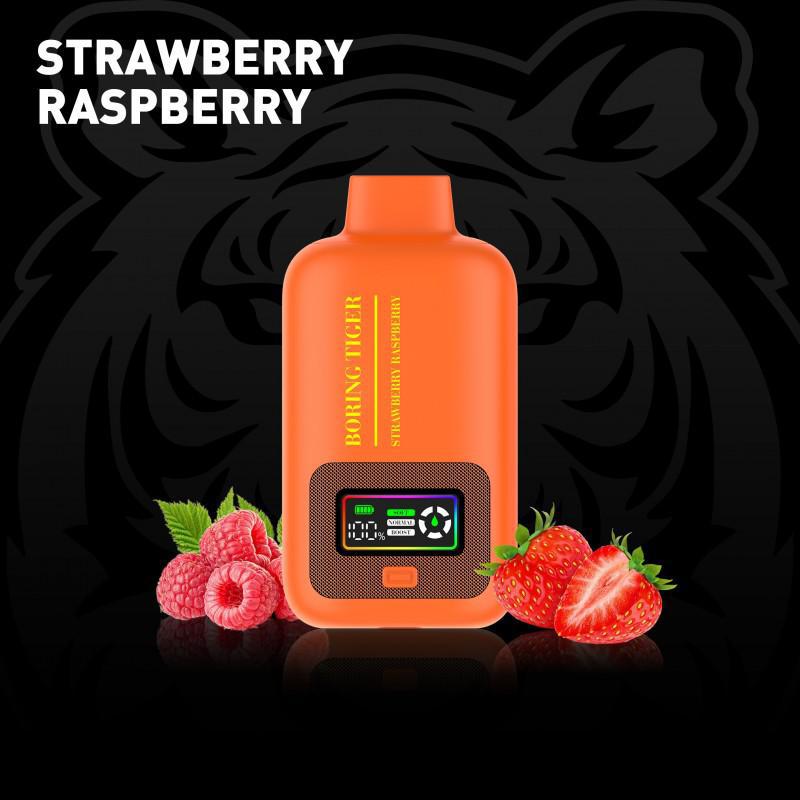 Boring Tiger 25000 Disposable Vape in Strawberry Raspberry flavor, featuring dual screens and berry visuals.