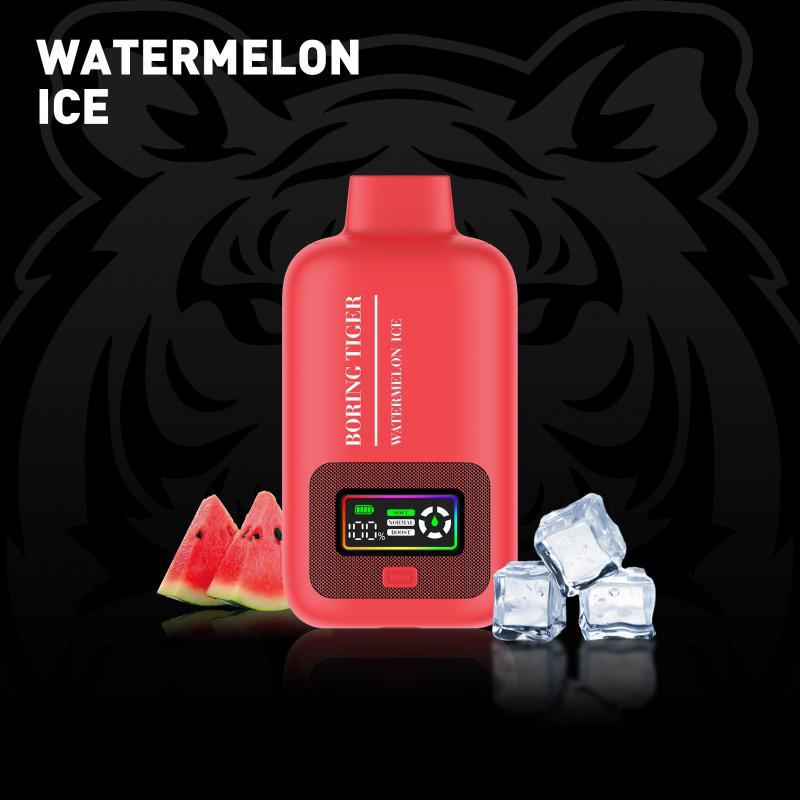 Boring Tiger 25000 Disposable Vape in Watermelon Ice flavor with watermelon slices and ice cubes.