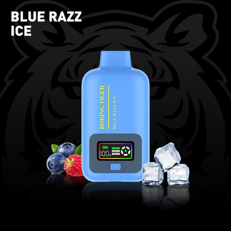 Boring Tiger 25000 Disposable Vape in Blue Razz Ice flavor with ice cubes and berries, showcasing dual screen.