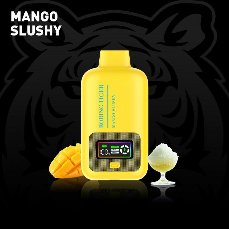 Boring Tiger 25000 Disposable Vape Mango Slushy with mango and slushy drink on a black background.