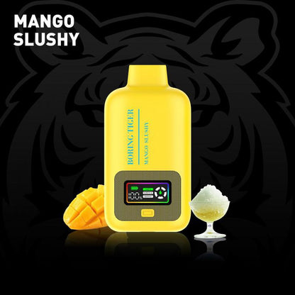 Boring Tiger 25000 Disposable Vape Mango Slushy with mango and slushy drink on a black background.