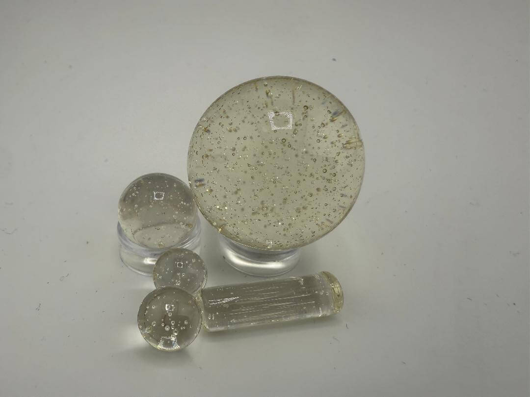 Bowman Glass oversized terp slurper marble set, 4 pieces of clear borosilicate glass with bubbles, handmade in Spokane, WA.