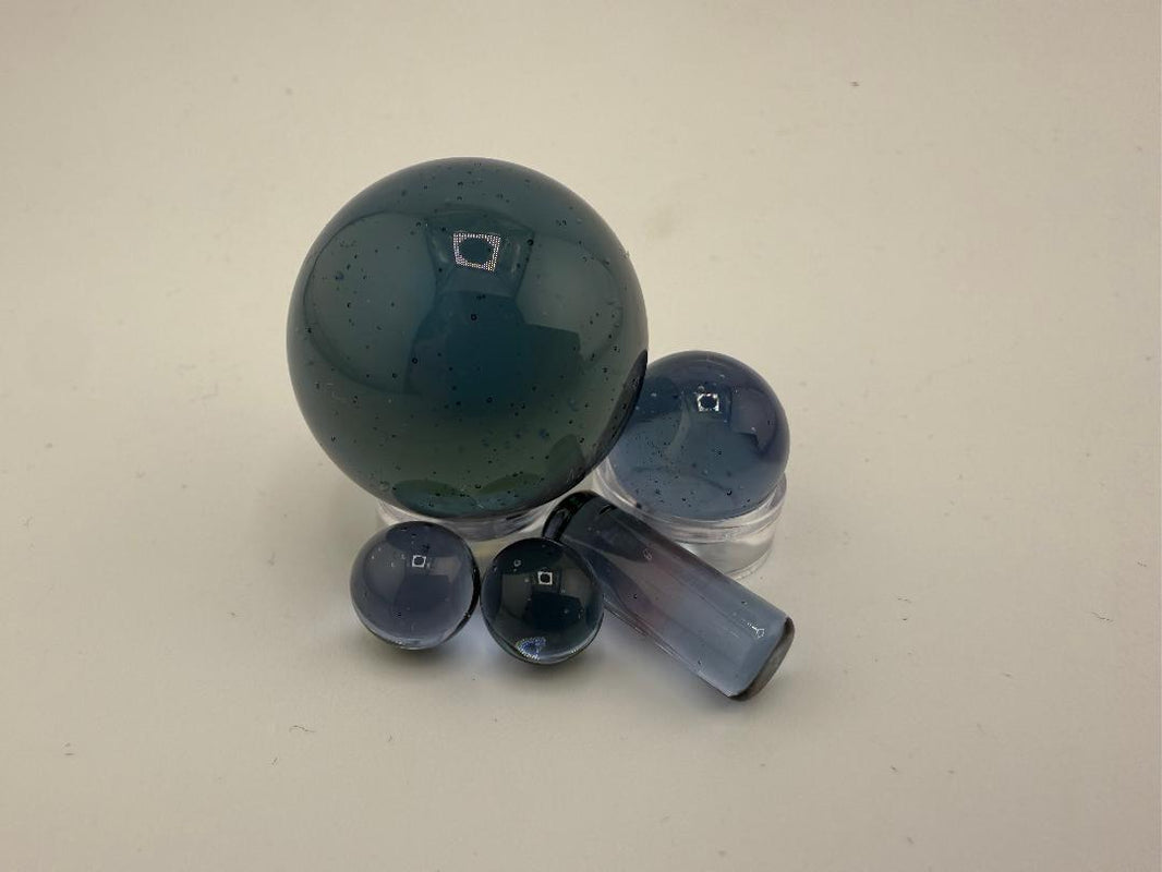 Bowman Glass Oversized Terp Slurper Marble Set – 4pc made from American borosilicate glass in blue and green tones.