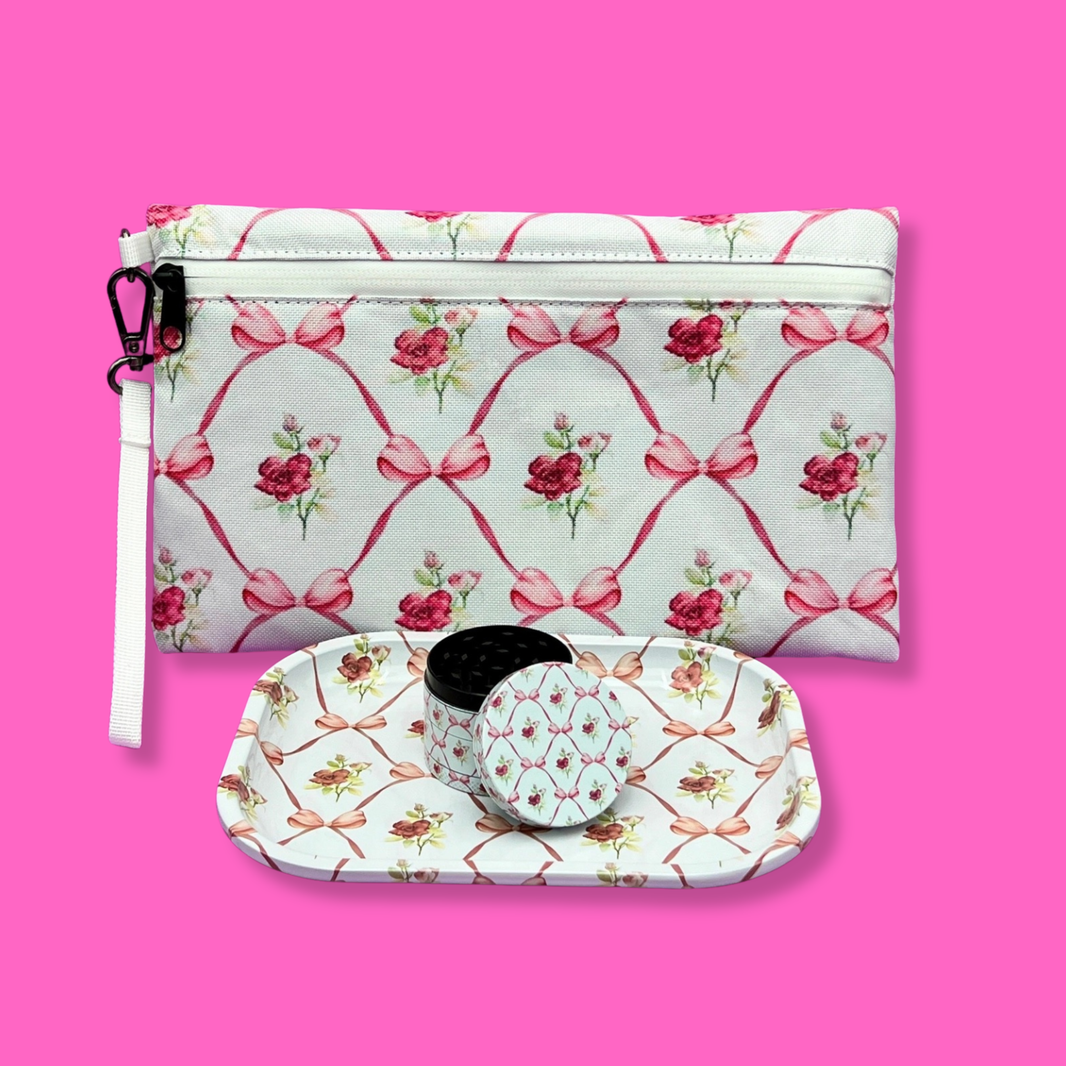 Coming Soon: Bows & Roses 3-in-1 Herb Set – Rolling Tray, Grinder & Travel Bag featuring floral design.