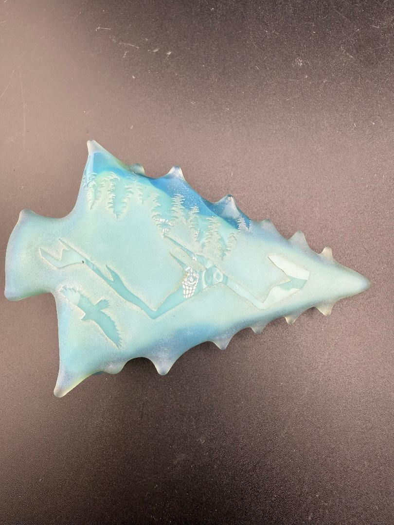 Brando Glass Belt Buckle - Light Blue Sandblasted Arrowhead w/ Mountain & Forest Scene
