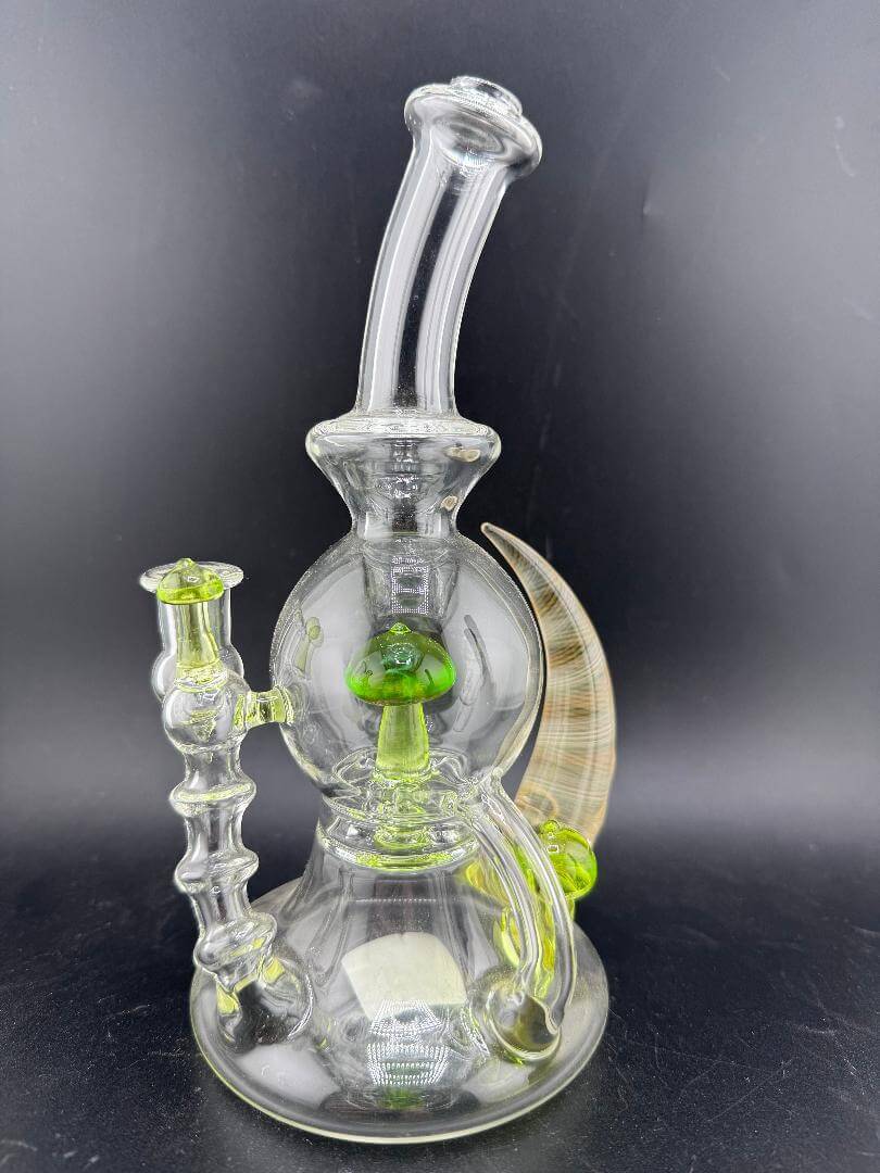 Brando Glass Blooper - Clear w/ Green UV Mushroom & Fumed Horn 10mm 90° handcrafted glass piece with unique accents.