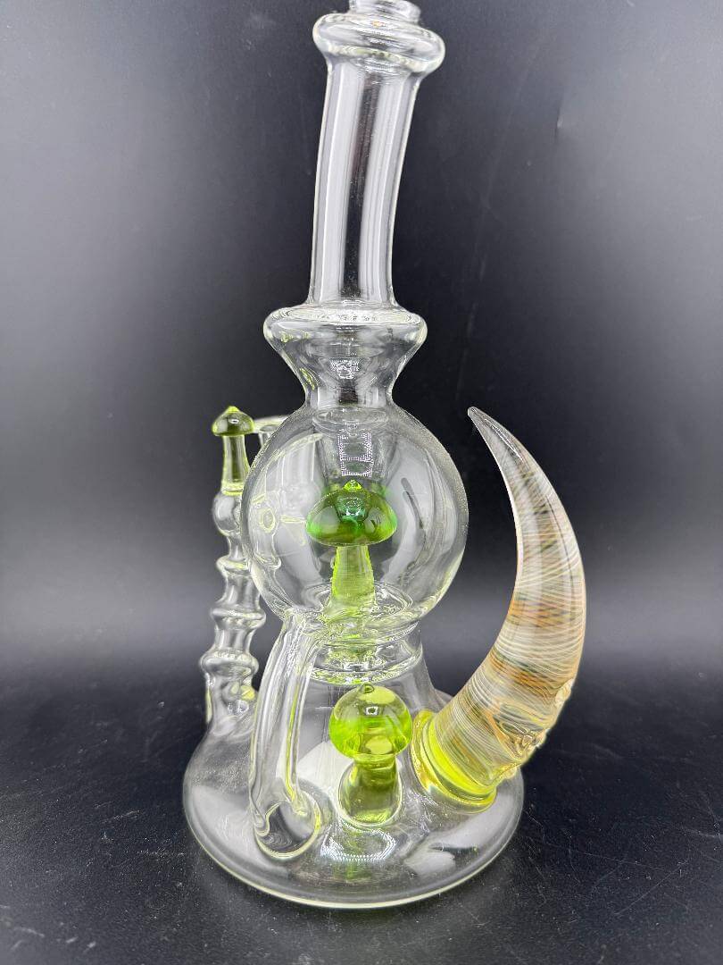 Brando Glass Blooper - Clear w/ Green UV Mushroom & Fumed Horn 10mm 90° displayed against a dark background.