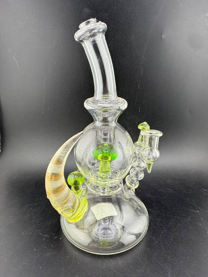Brando Glass Blooper - Clear w/ Green UV Mushroom & Fumed Horn 10mm 90° handcrafted glass water pipe