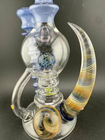 Brando Glass Blooper - Large Format UV Blue w/ Marble Attachments Fumed Horn 14mm 90° showcasing vibrant colors and detailed craftsmanship.