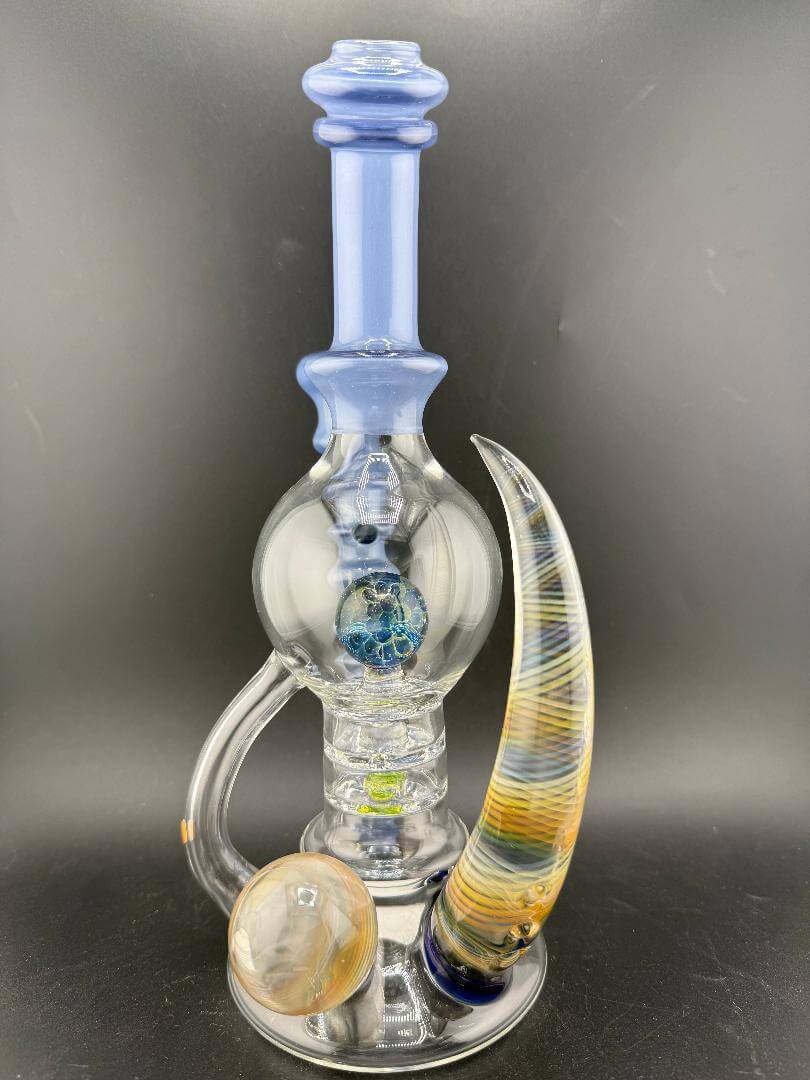 Brando Glass Blooper - Large Format UV Blue w/ Marble Attachments Fumed Horn 14mm 90° showcased in a striking design.