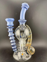 Brando Glass Blooper - Large Format UV Blue w/ Marble Attachments Fumed Horn 14mm 90° | Handcrafted glass piece with unique color accents.