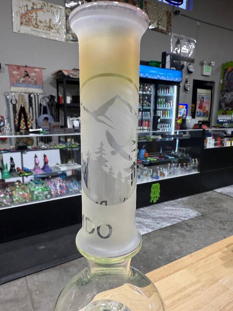 Brando Glass Blooper - Pacific North West Theme  Eagle, Mountain, & Forest Theme 14mm 90° with intricate designs.