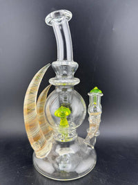 Brando Glass Blooper - Uv Mushroom w/ Dual Fumed Horns 10mm 90° glass rig featuring UV-reactive mushroom and colorful horns.