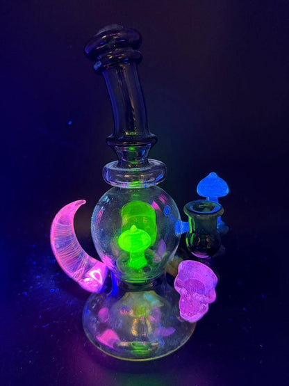 Brando Glass Blooper - UV Mushrooms , Space Tech Accents, Fumed Horn & UV Skull 10mm 90° featuring vibrant UV colors.
