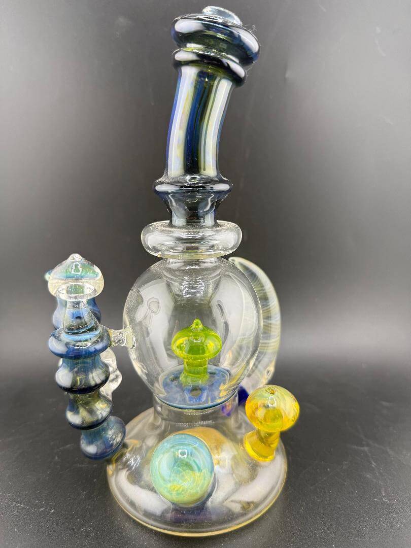Brando Glass Blooper - UV Mushrooms , Space Tech Accents, Fumed Horn & UV Skull 10mm 90° handcrafted piece with vibrant accents.