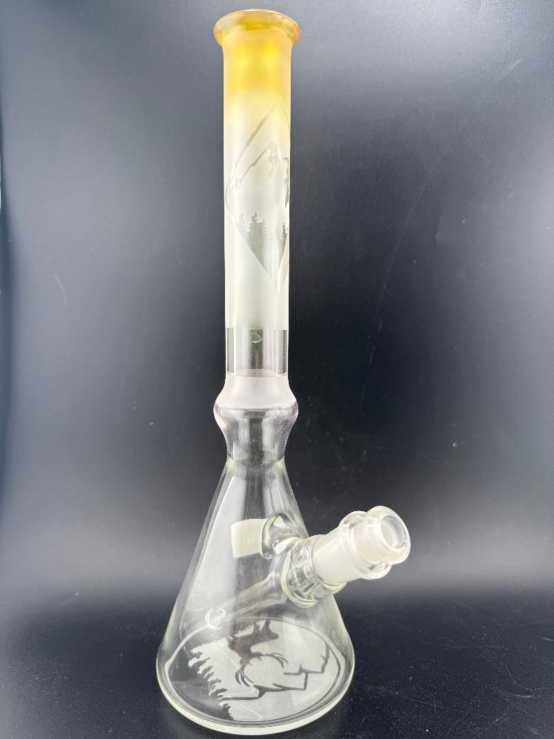 Brando Glass Clear Blasted PNW Beaker 10mm 45° with nature-inspired design and intricate sandblasted artwork.