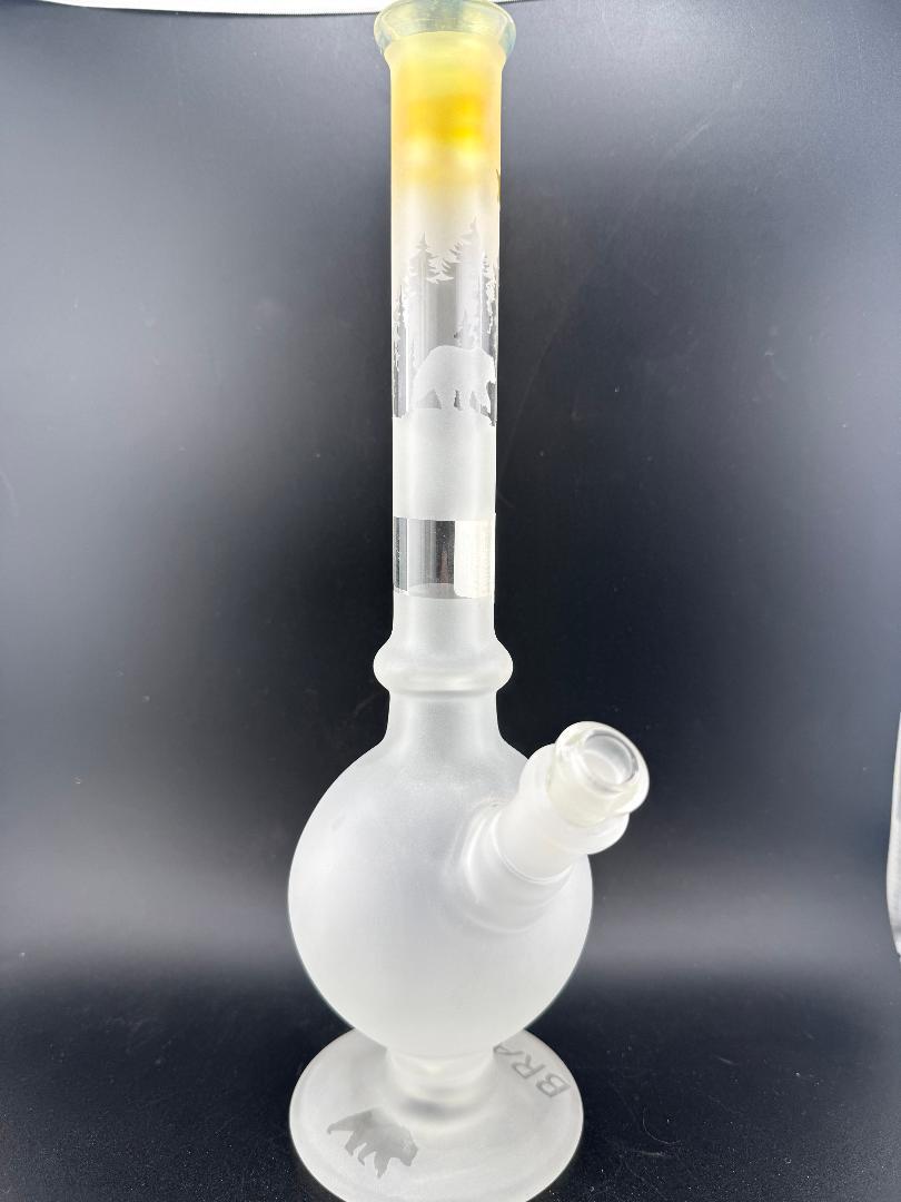 Brando Glass Clear Blasted PNW Beaker 10mm 45° with intricate sandblasted nature designs, including trees and bears.