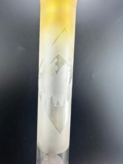 Brando Glass Clear Blasted PNW Beaker 10mm 45° with intricate sandblasted nature design featuring trees and mountains.