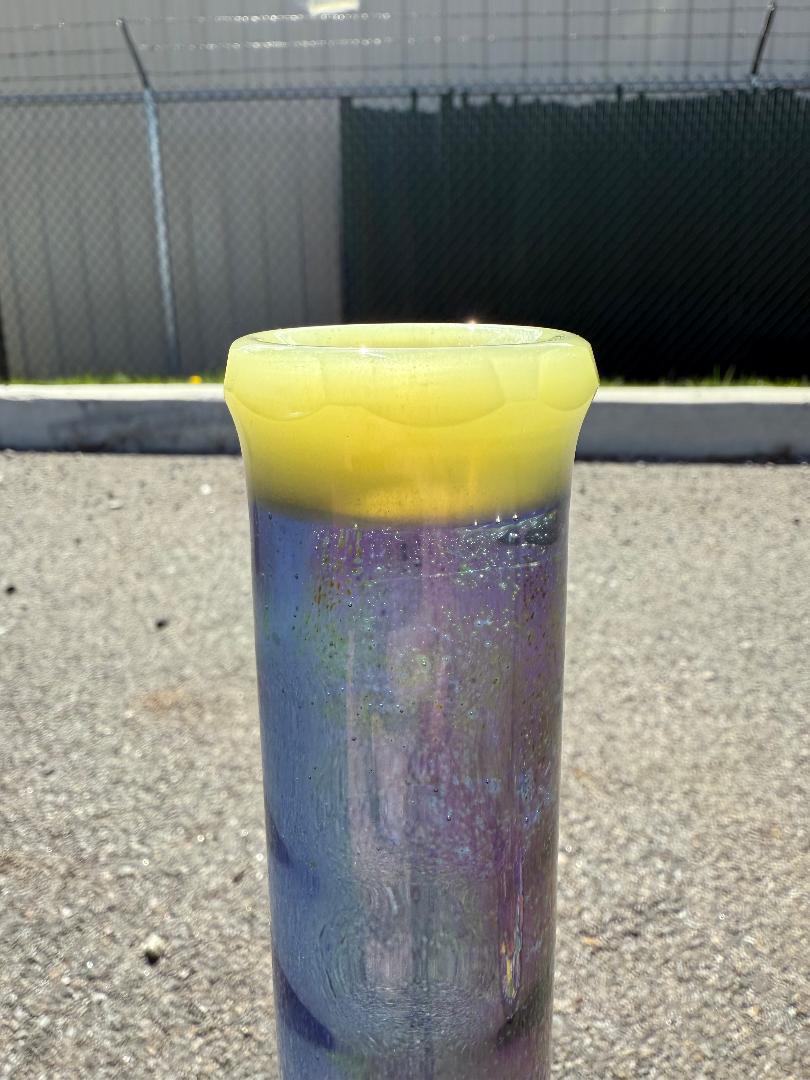 Brando Glass Cold Worked Tube 14mm in vibrant colors with yellow and purple hues, handcrafted in Spokane, WA.