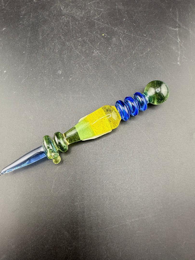 Brando Glass Dab Tool - Green, Blue, and Yellow handcrafted tool for handling concentrates with vibrant colors.