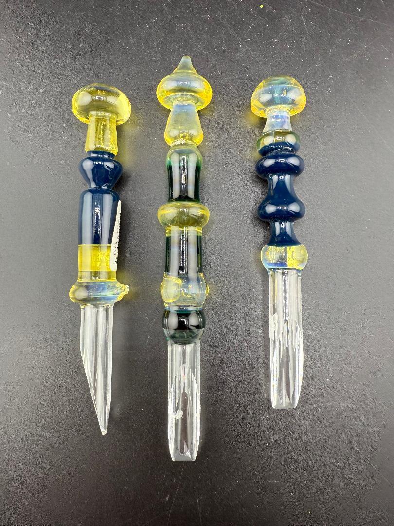 Brando Glass Dab Tool - Mushroom Topped & Cold Worked Tip Yellow Blue & Green set of three unique tools