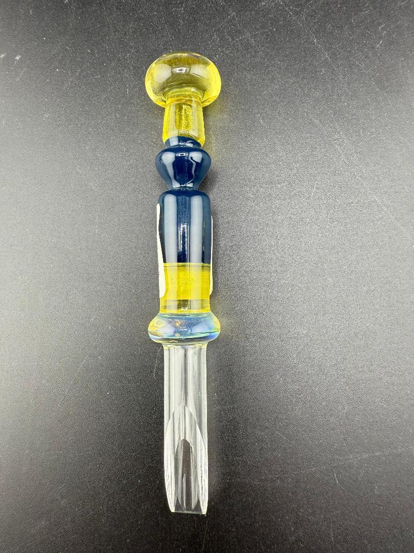 Brando Glass Dab Tool - Mushroom Topped & Cold Worked Tip Yellow Blue & Green on a dark background.
