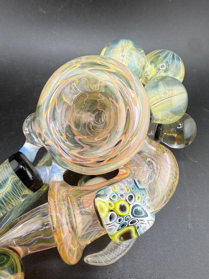 Brando Glass X Doc Glass Sidecar Pipe - Full Gold Fume Glitter Liquid Filled w/ Implosion Marble & Chip Stack Millie Tile