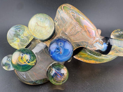 Brando Glass X Doc Glass Sidecar Pipe - Full Gold Fume Glitter Liquid Filled w/ Implosion Marble & Chip Stack Millie Tile