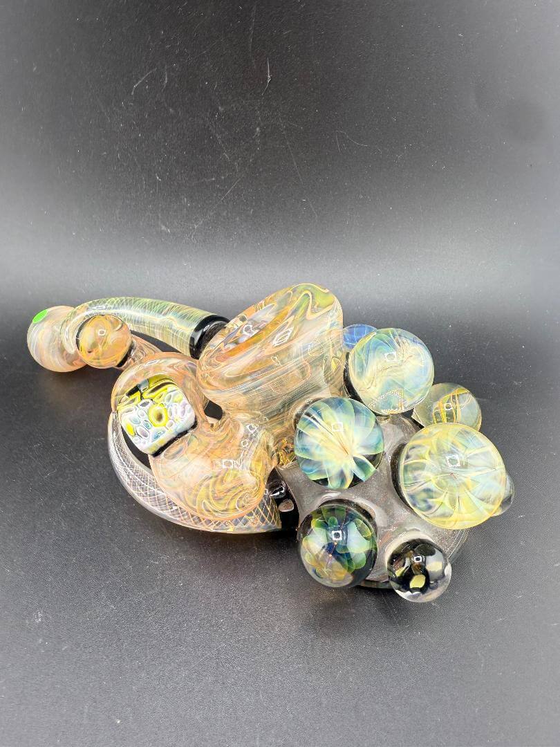 Brando Glass X Doc Glass Sidecar Pipe - Full Gold Fume Glitter Liquid Filled w/ Implosion Marble & Chip Stack Millie Tile