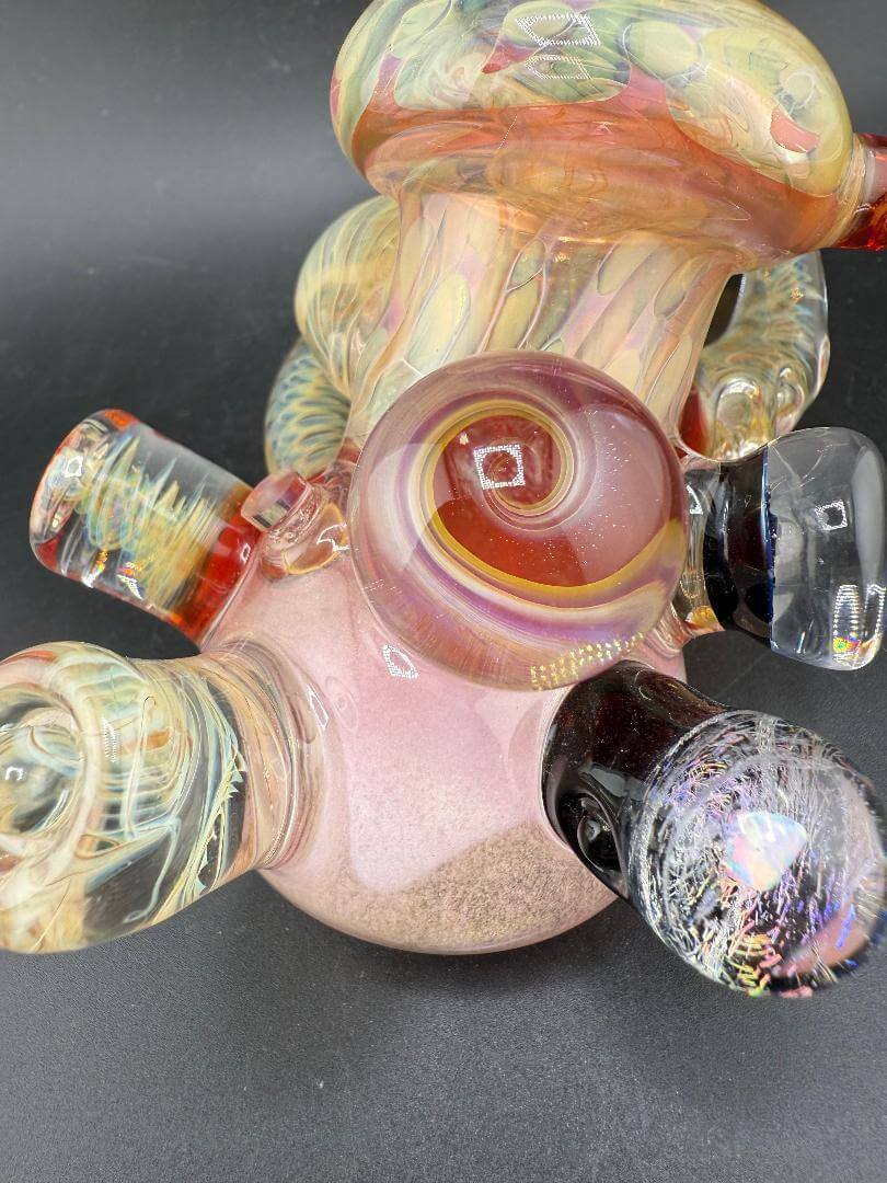 Brando Glass X Elbow Tim Glass Sidecar Pipe - Full Gold Fume Pink Glitter Liquid Filled w/ Fumed Attachments