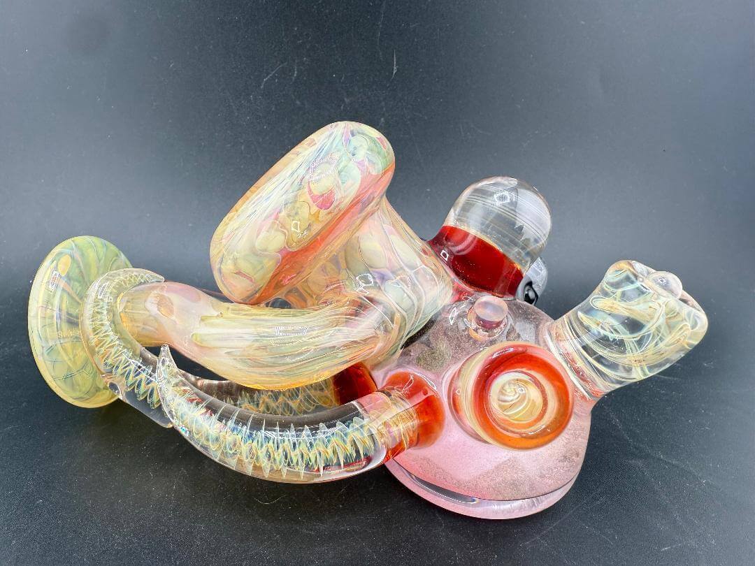Brando Glass X Elbow Tim Glass Sidecar Pipe - Full Gold Fume Pink Glitter Liquid Filled w/ Fumed Attachments