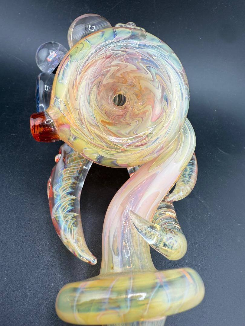 Brando Glass X Elbow Tim Glass Sidecar Pipe - Full Gold Fume Pink Glitter Liquid Filled w/ Fumed Attachments