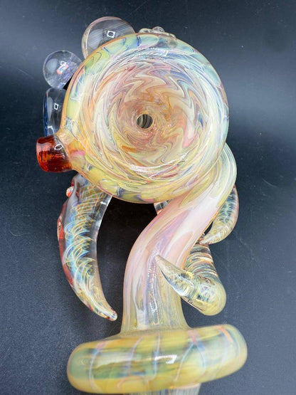 Brando Glass X Elbow Tim Glass Sidecar Pipe - Full Gold Fume Pink Glitter Liquid Filled w/ Fumed Attachments