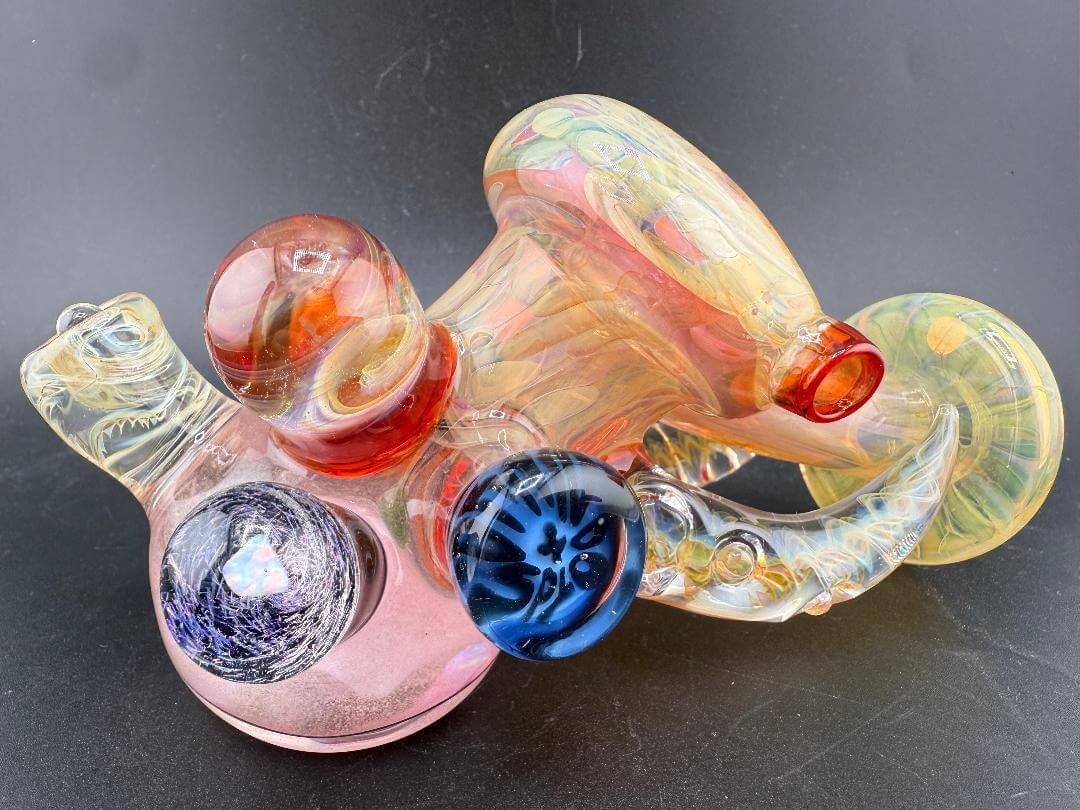Brando Glass X Elbow Tim Glass Sidecar Pipe - Full Gold Fume Pink Glitter Liquid Filled w/ Fumed Attachments
