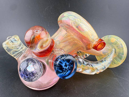 Brando Glass X Elbow Tim Glass Sidecar Pipe - Full Gold Fume Pink Glitter Liquid Filled w/ Fumed Attachments